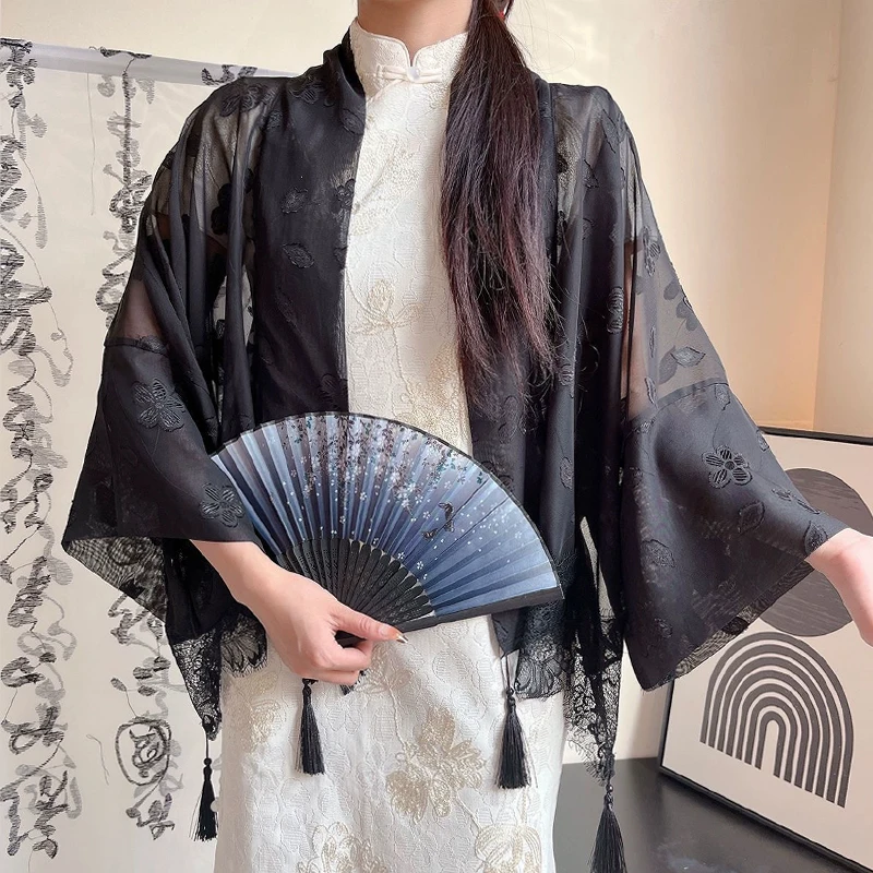 Chinese Style Fringed Shawl Women Summer Thin Fashion Exterior With Cheongsam Cove Elegant Tassel Trim Cardigan Lace Cape