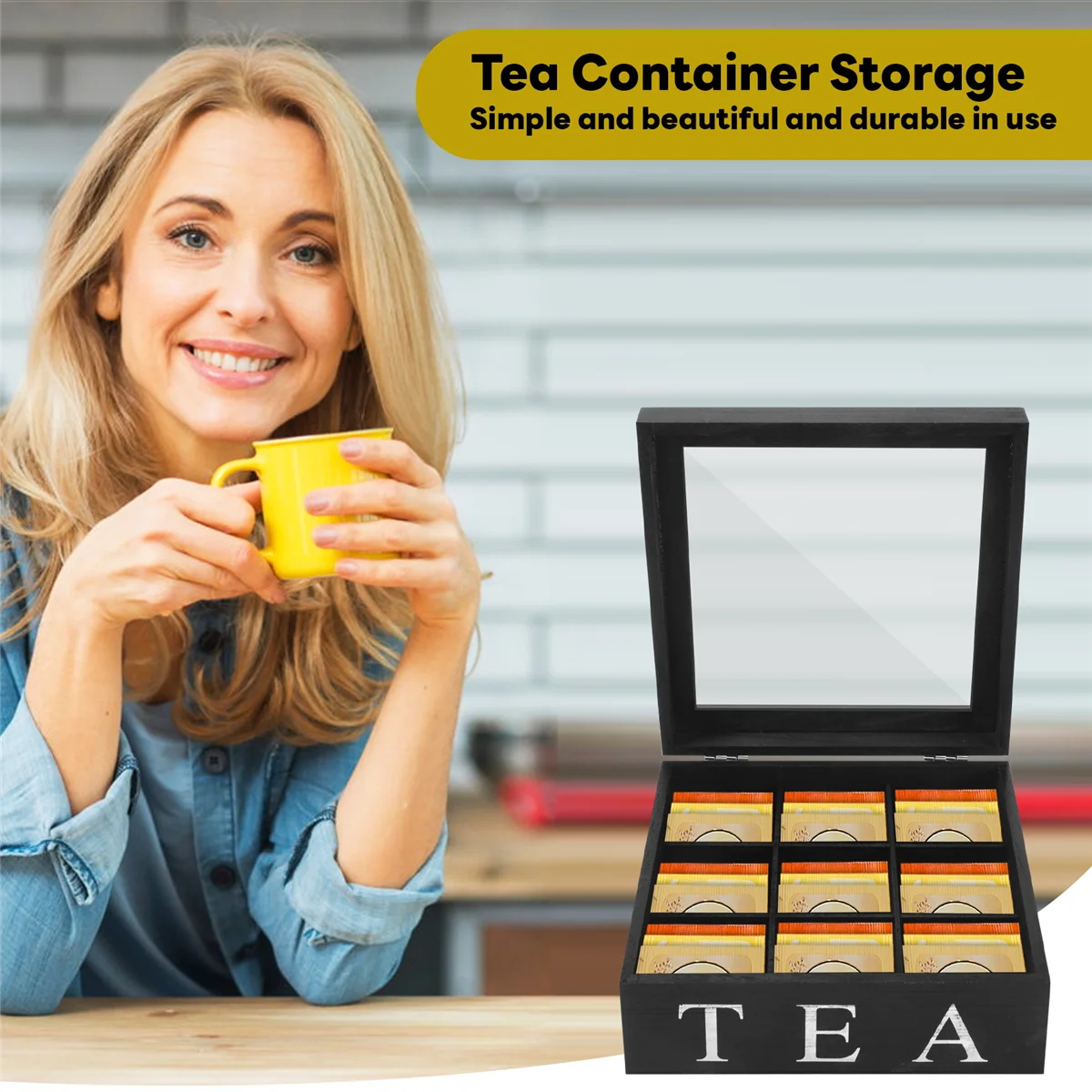 Wooden 9 Grids Tea Box Tea Bags Container Storage Box Square Box Case Transparent Top Lid Jewelry Storage Box-Black