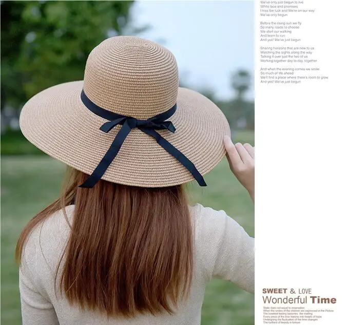 Wide Brim Bowknot Ribbon Straw Sun Hats for Women Girls Summer UV Protection Floppy Foldable Beach Hat Outdoor Travel Panama Cap