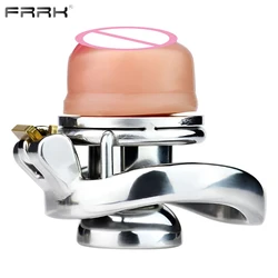 FRRK Sissi Flat Chastity Cage With Skin Pussy Urethral CBT Game Play Erect Denial Steel Negative Cock Ring BDSM Sex Tooy for Man