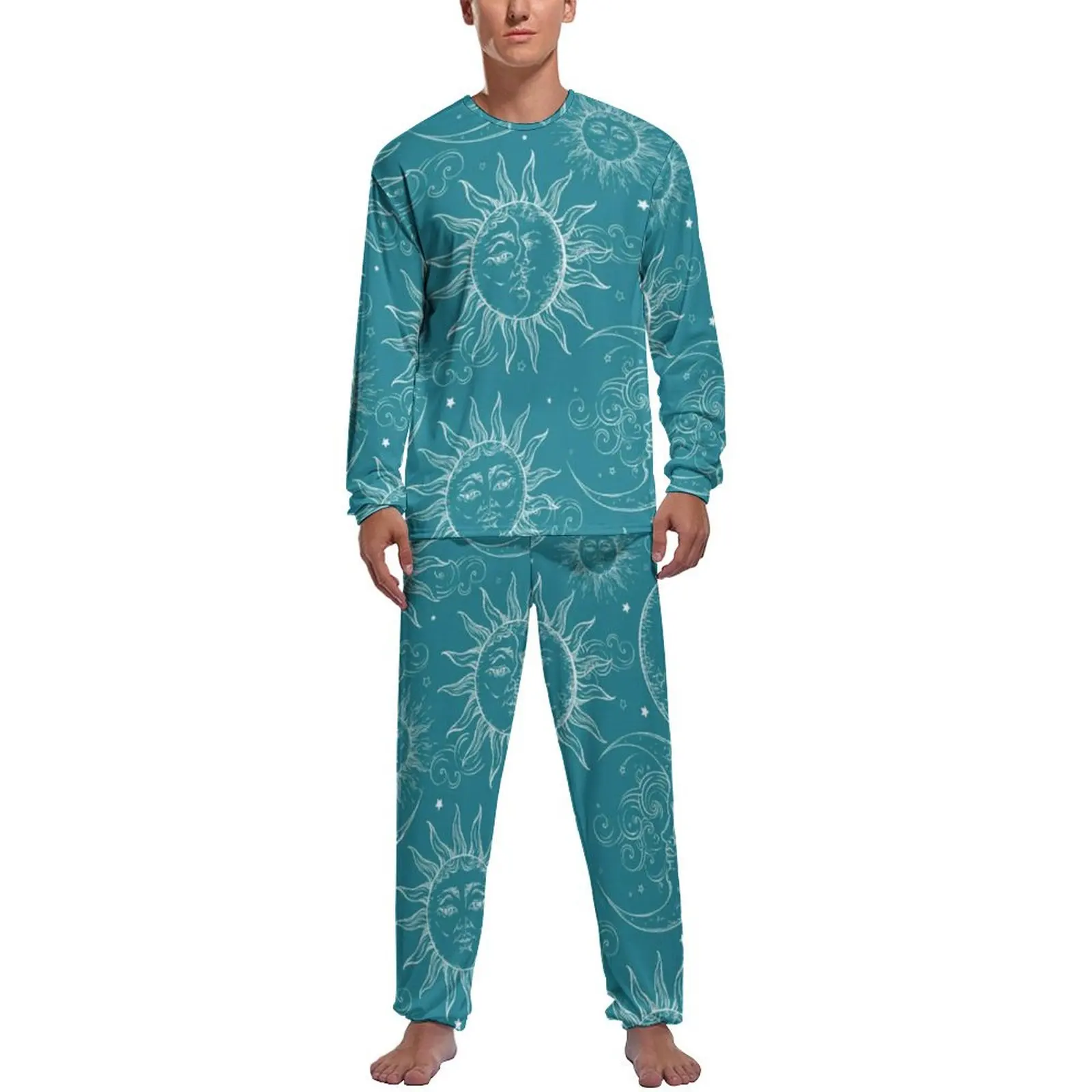 

Vintage Moon Pajamas Long-Sleeve Teal Magic Celestial Sun 2 Pieces Night Pajama Sets Spring Men Graphic Soft Nightwear