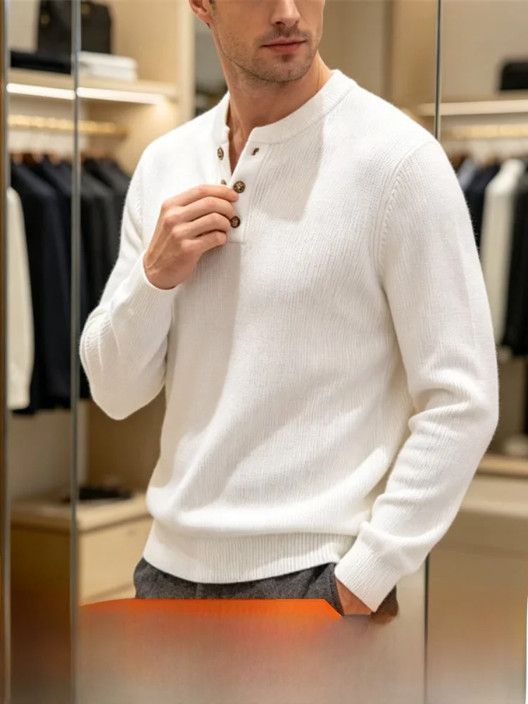  Knitted Henry Collar Men's Sweater Comfortable Versatile Long Sleeve round Neck Breathable Polyester Blend Commute ...
