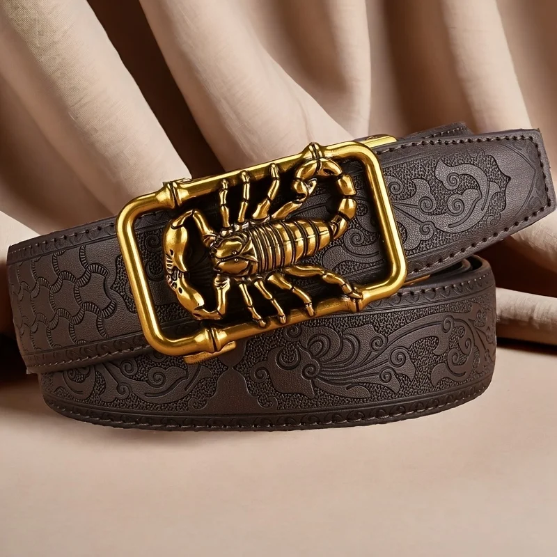 Vintage Embossed Casual Leather Belt for Men - Retro Scorpion Alloy Automatic Buckle Waistband, Ideal Gift for Husband, Father