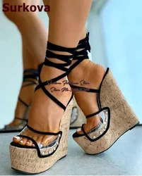 Surkova Wooden Pattern Wedge Heel Sandals Transparent PVC Patchwork Lace-up Dress Shoes High Platform Open Toe Banquet Pumps