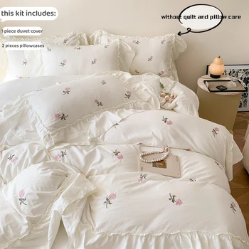 3pcs Rose Embroidered Duvet Cover Set (1*Duvet Cover + 2*Pillowcase, Without Core), Prince