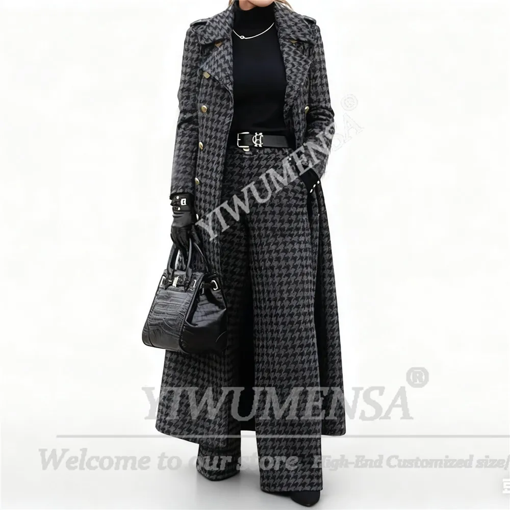 Classic Houndstooth Plaid Suits Women Long Double Breasted Blazers Long Customized 2 Pieces Bride's Mother Dress Ladies Tuxedos