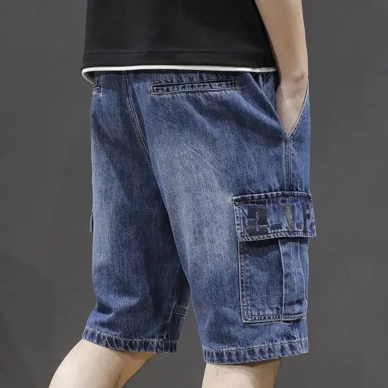 Male Denim Shorts Straight Baggy with Text Loose Men\'s Short Jeans Pants Wide Trend 2024 Summer Xxxl Sale Thin Cut Buttons Blue