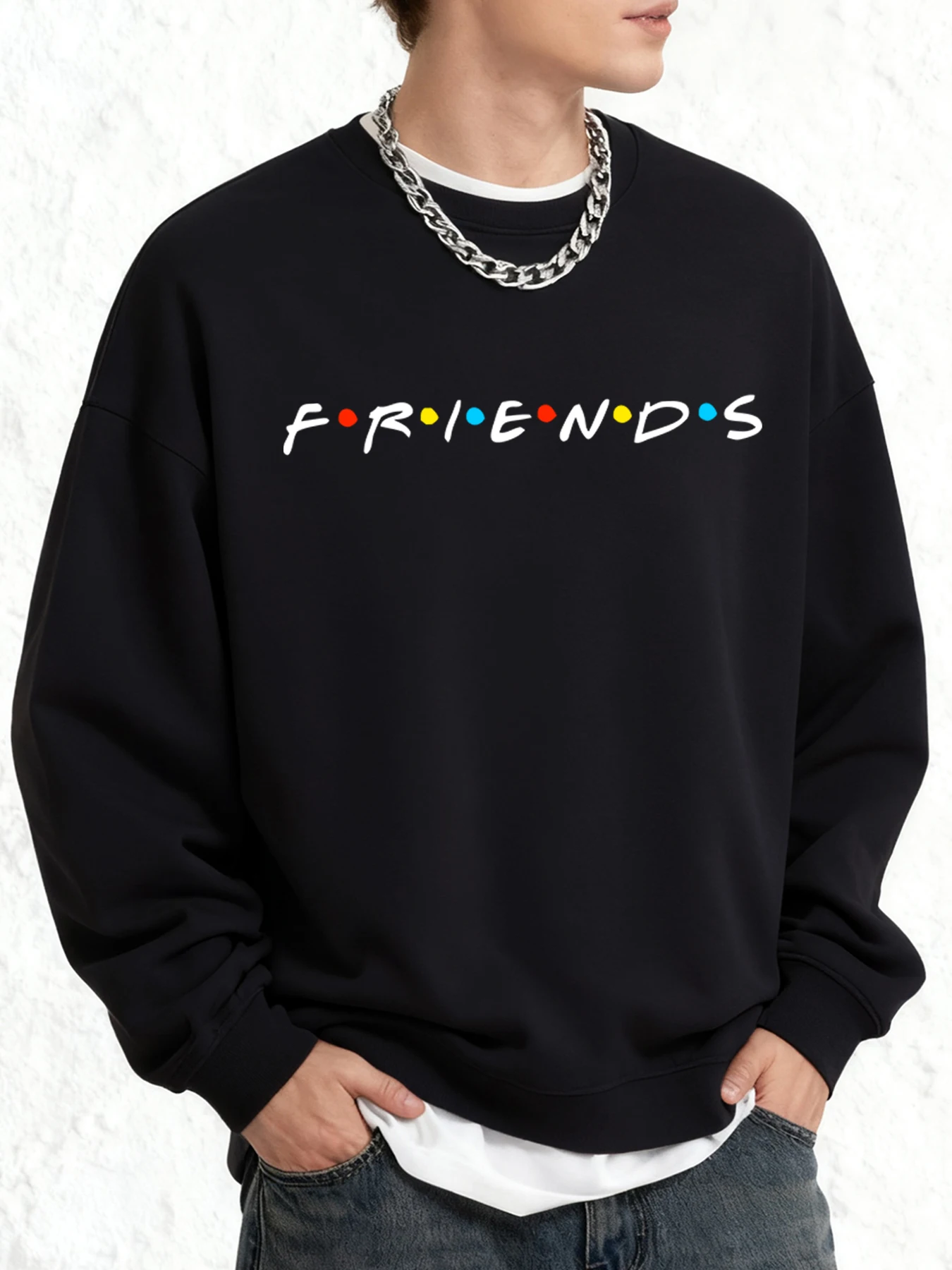 Sudadera de gran tamaño con estampado de We Are Friends para hombre, Jersey holgado sencillo, ropa que combina con todo, hombros caídos, cuello redondo, manga larga