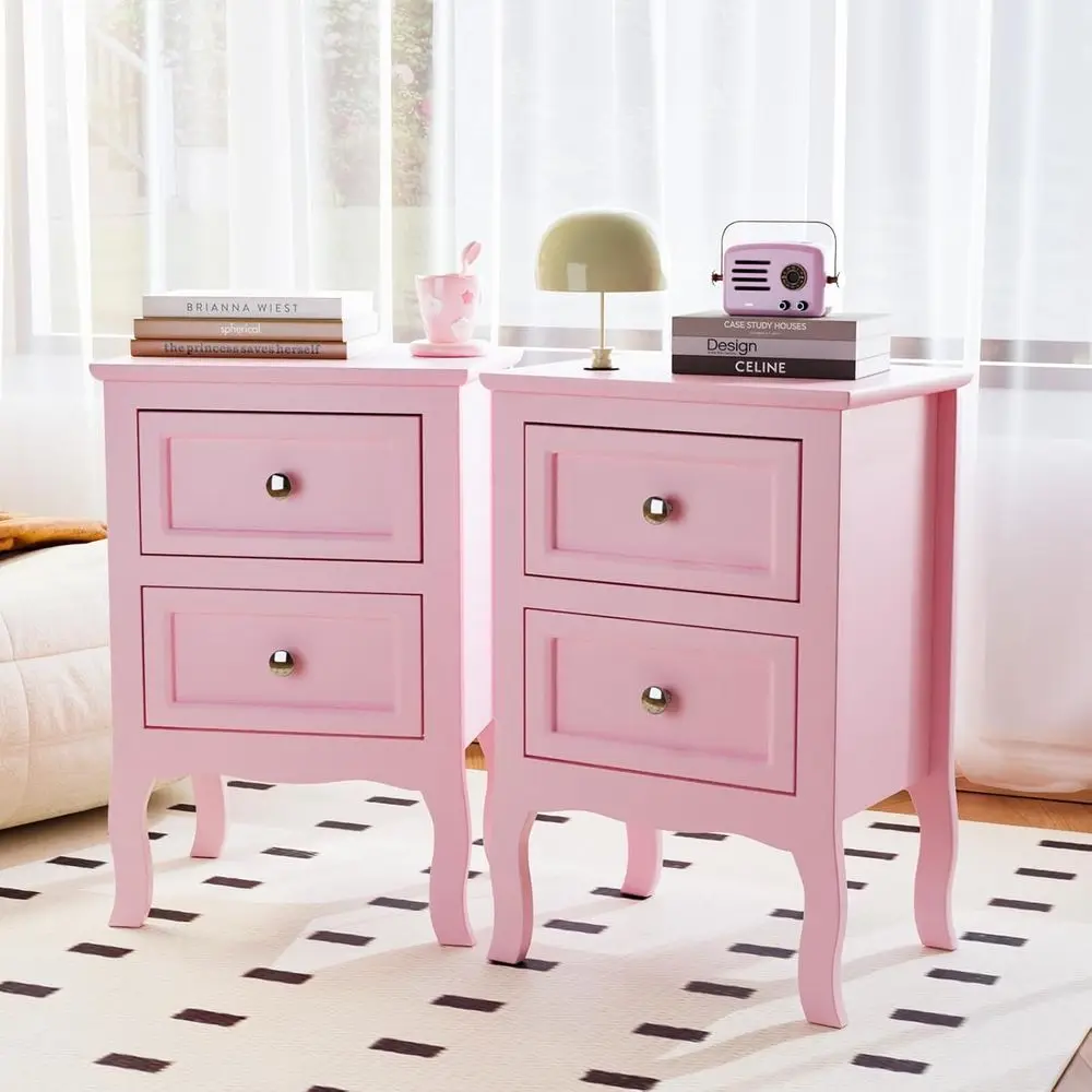 Pink Wooden Nightstand Set of 2, 16W x 12D x 24H, Suitable for Bedroom, Dorm, Kids' Room, Living Room