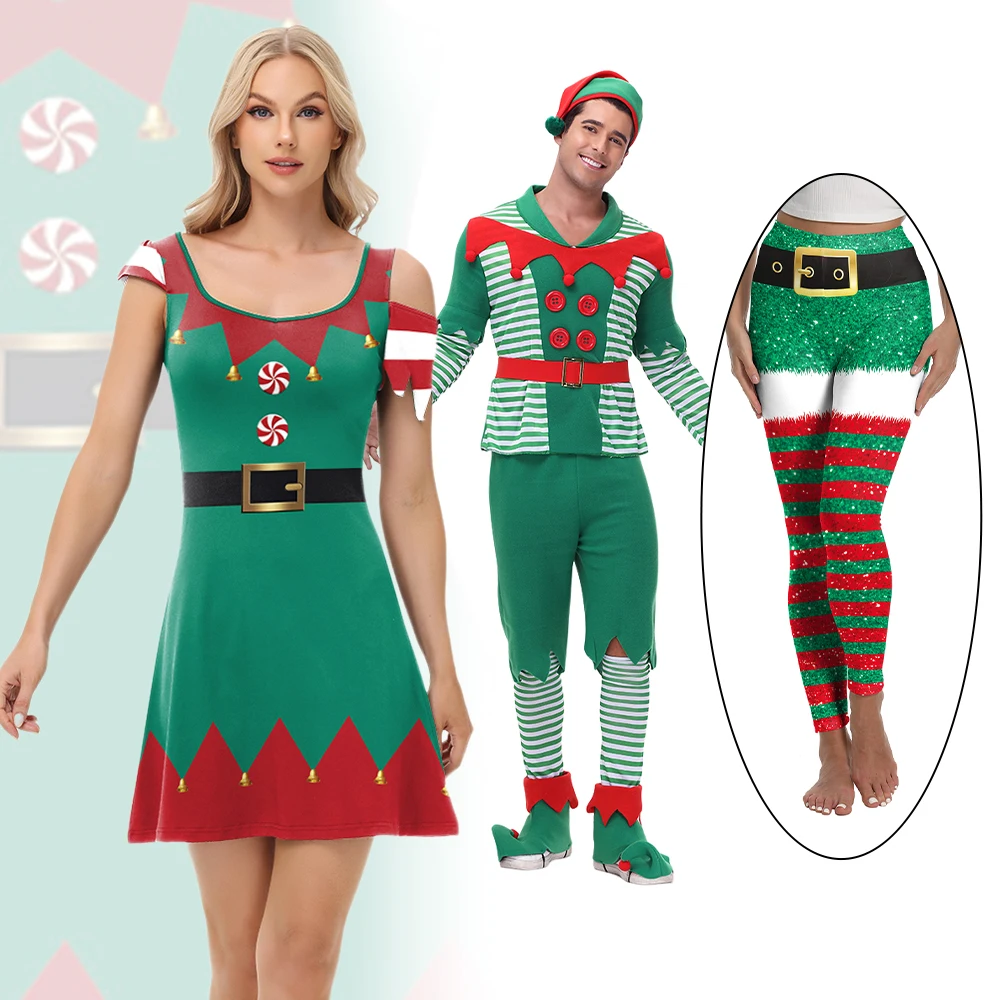 Zawaland Christmas Elf Costume Set Women Dress Leggings Couple Cosplay Santa Costume Man Xmas Elf Outfit Hat Shoes Cover