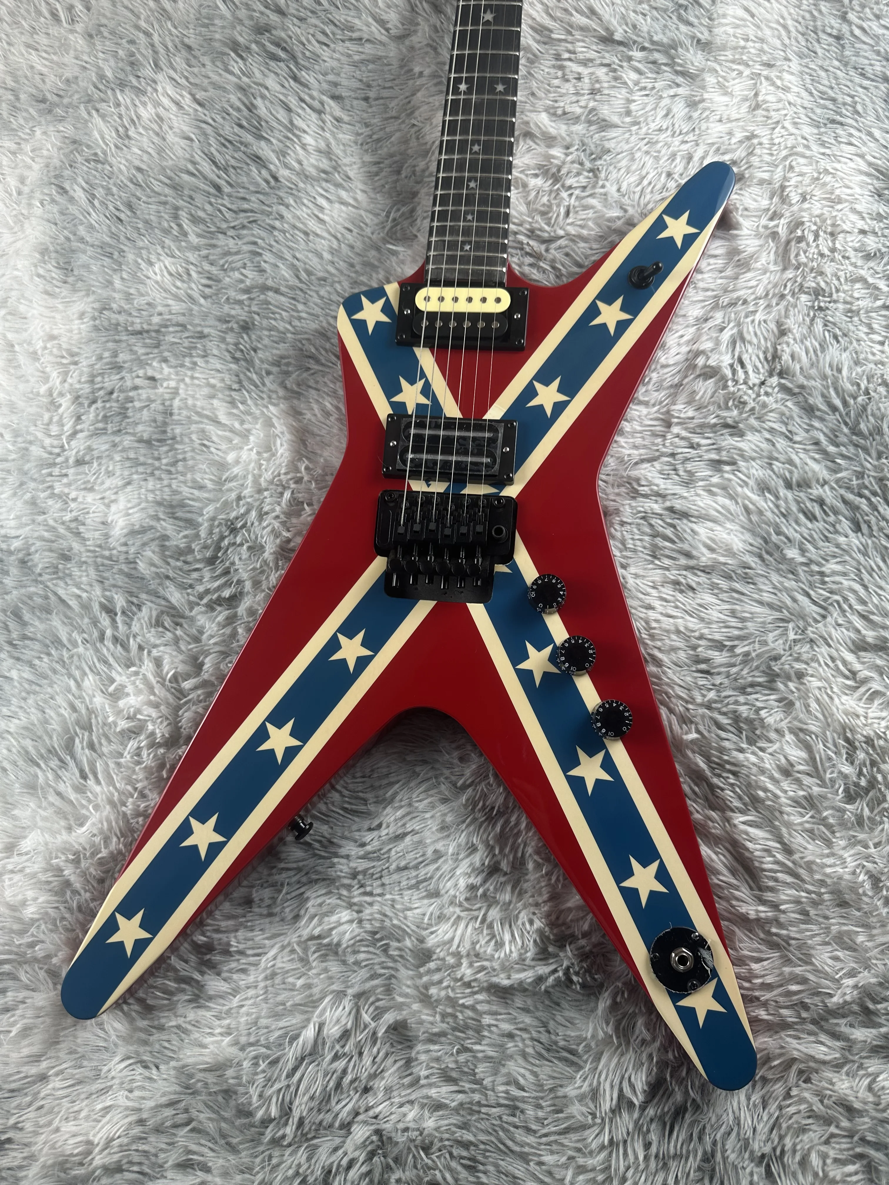 

Irregular electric guitar, Red transfer printed electric guitar with customized five-star inlay , bright light, in stock, fast