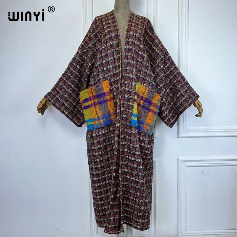 WINYI kimono long down cardigan winter Pocket coat for women abaya dubai luxury Middle East maxi dresses womens kaftan