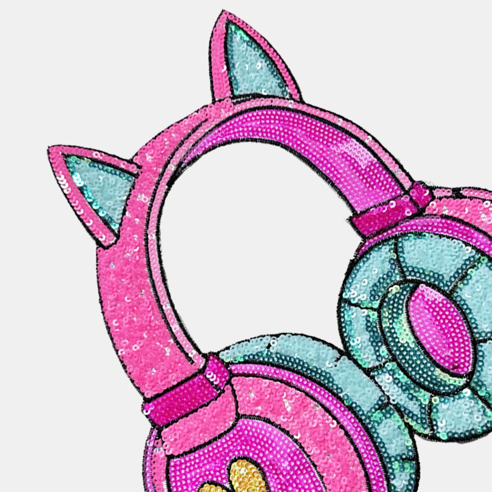 1 Piece 22.5*20 cm Pink Sequins Earphone Patch Shining Iron on Patch for Garment Decoration DIY Applique Clothing Accessories