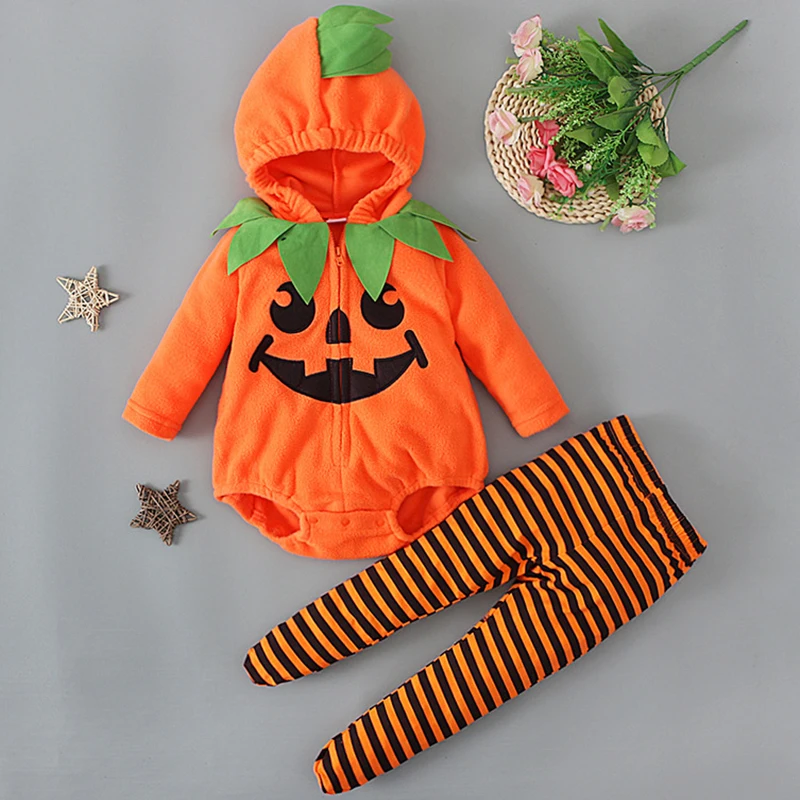 

2Piece Sets Autumn Baby Clothes Girl Cartoon Cute Halloween Fleece Hooded Warm Bodysuit+Stripe Pants Newborn Photography BC701