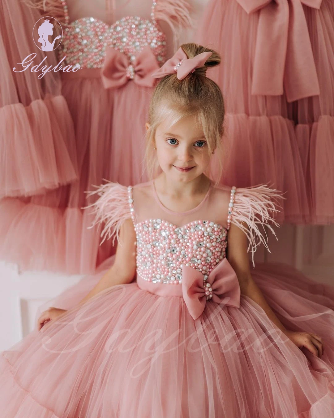 Vestido de niña de flores con cuentas azules para boda plumas de tul hinchadas con lazo princesa elegante vestido de fiesta de primera comunión para niños