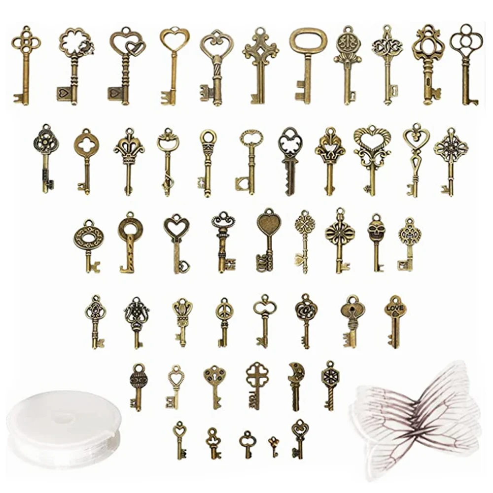 Vintage Bronze Skeleton Keys Magic Flying Key Charms with Dragonfly Wings DIY Necklace Handicrafts  for Party Decorations