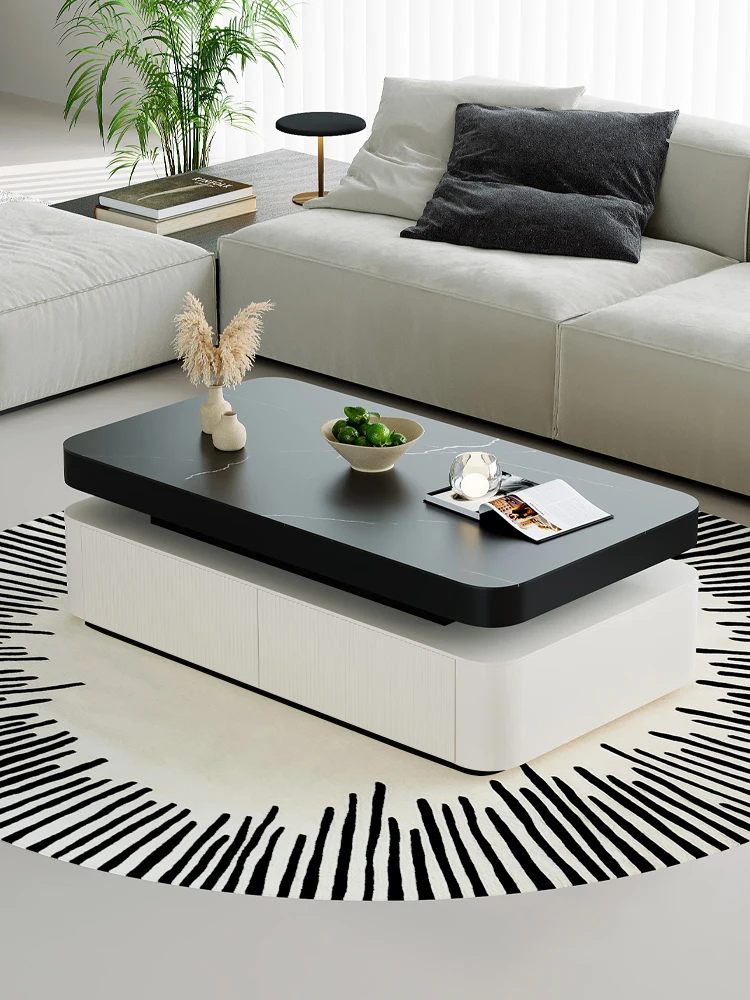 

2025 new solid wood rock slab coffee table living room home modern minimalist coffee table TV cabinet combination black and whit