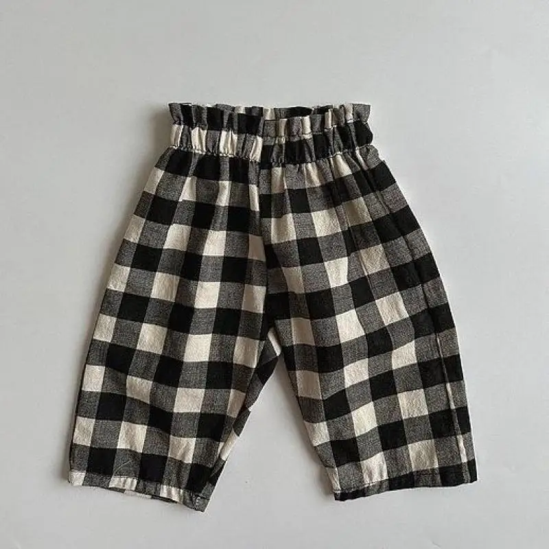 Children Vintage Plaid Trousers Boys Kids Loose Wide Leg Pants Spring& Summer Dot Cotton Versatile Cotton High Waist Pants