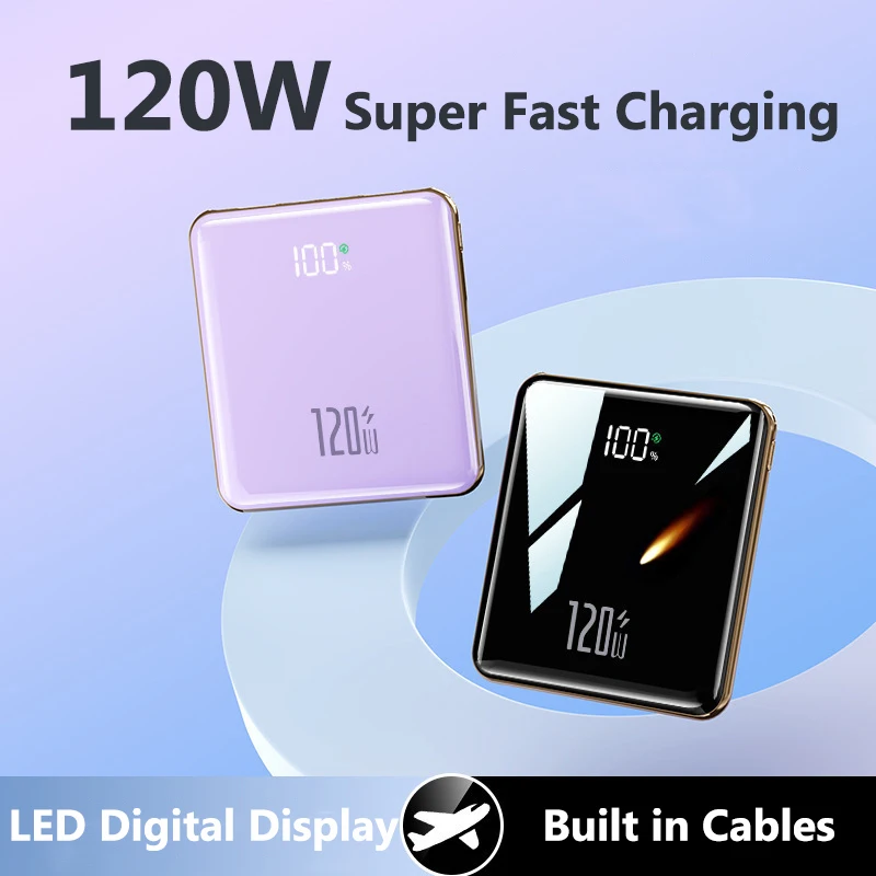 120W Power Bank 20000mAh Ultra Thin Portable Charger Built-in Cable Large Capacity Super Fast Charging Powerbank for iPhone 17