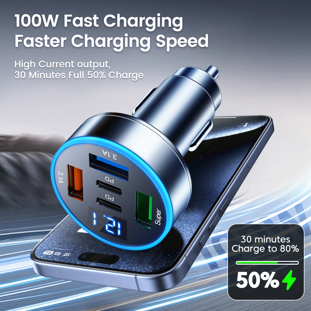 100W 5 Ports USB C Car Charger Fast Charging 3USB 2PD Type C Car Phone Charger Adapter For iPhone Huawei Samsung Xiaomi Phones