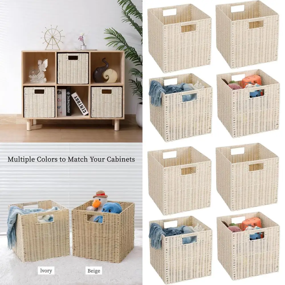 

Set of 4 Large Square Foldable Plastic Wicker Laundry Baskets, Ivory