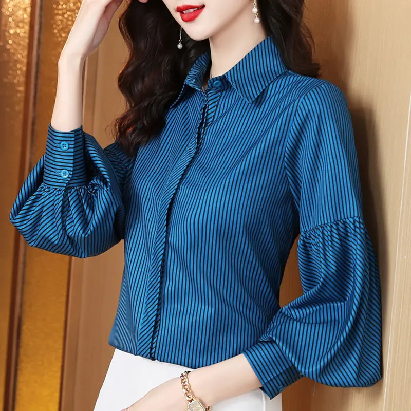 Women\'s Autumn Fashion Simplicity Striped Polo Collar Long Sleeve Chiffon Shirts Women Clothes Casual All-match Temperament Tops