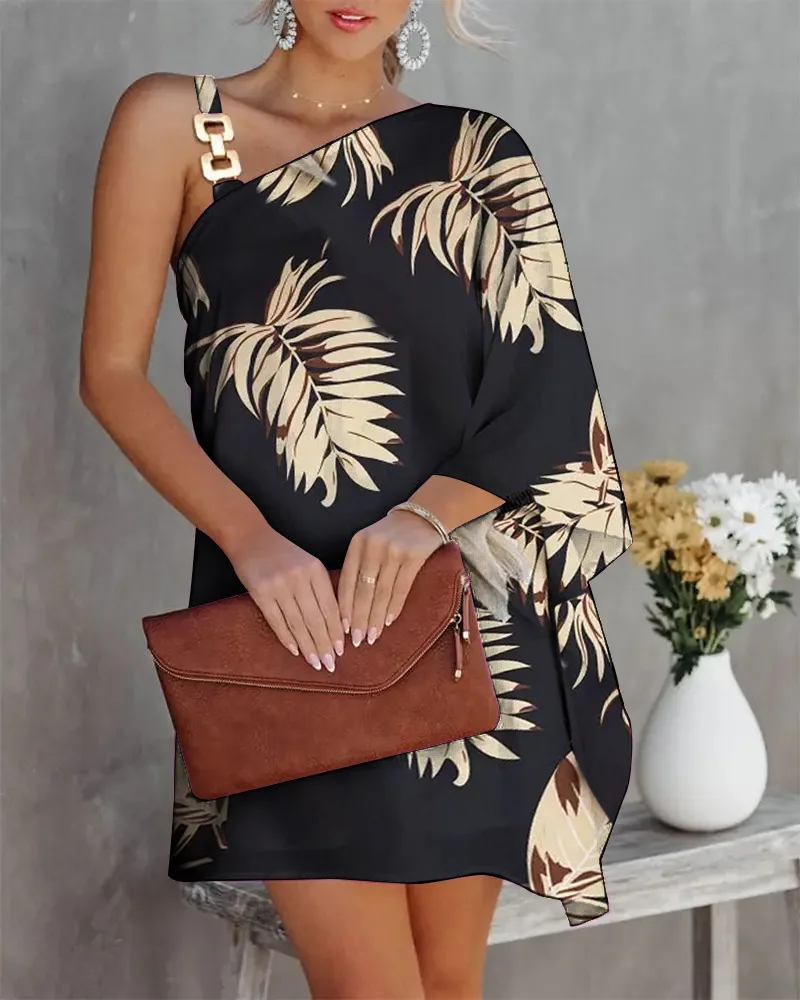 Women's One Shoulder Asymmetrical Leaf Print Mini Dress with Wide Sleeve and Gold Hardware Strap for Party Evening Wear