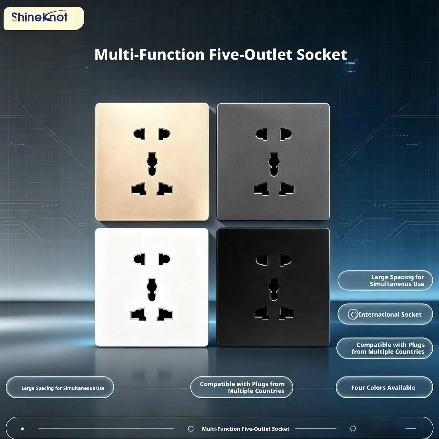 Shineknot Multi country Universal Five hole Socket 86 Type British Standard Multifunctional Wall Socket AC110-250V 10A