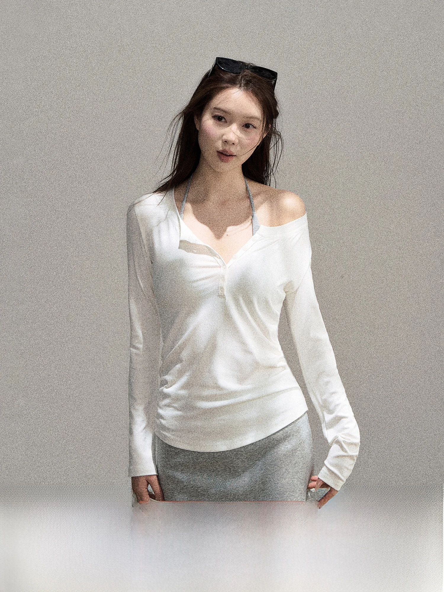 Loose Long Sleeve Henry Collar T-Shirt Women's Autumn White Micro-Permeable Lazy Style Covering Top Versatile Casual Fashion