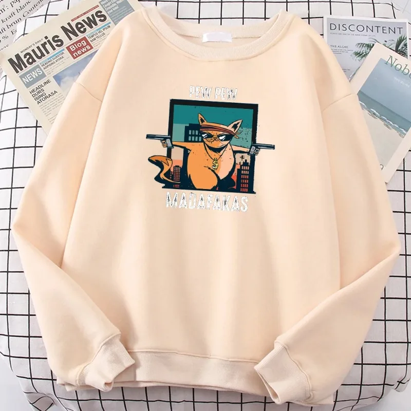 Womens Sport Oversize Clothe Fleece Warmwoman Pullover Women'S Sweater Pew Pew Madafakas Cat With Gun Cartoons Printing Pullover