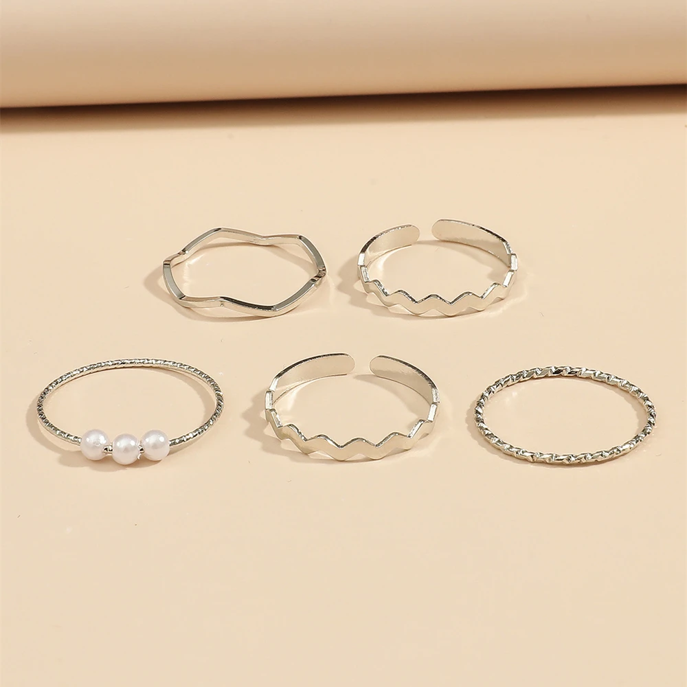 5Pcs/Lot Wave Shaped Imitation Pearl Ring Set Korean Personality Anel for Women Adjustable Open Tail Anillo Wedding Jewelry Gift