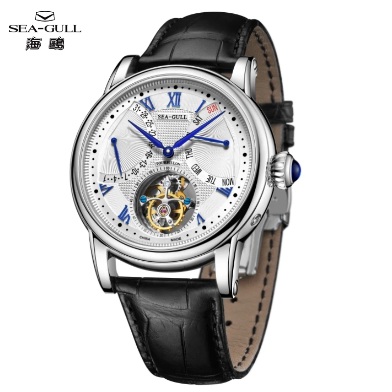 Seagull relógio mecânico automático turbilhão 43mm data dupla relógios de pulso masculinos de luxo cristal safira marca superior reloj st8004zs
