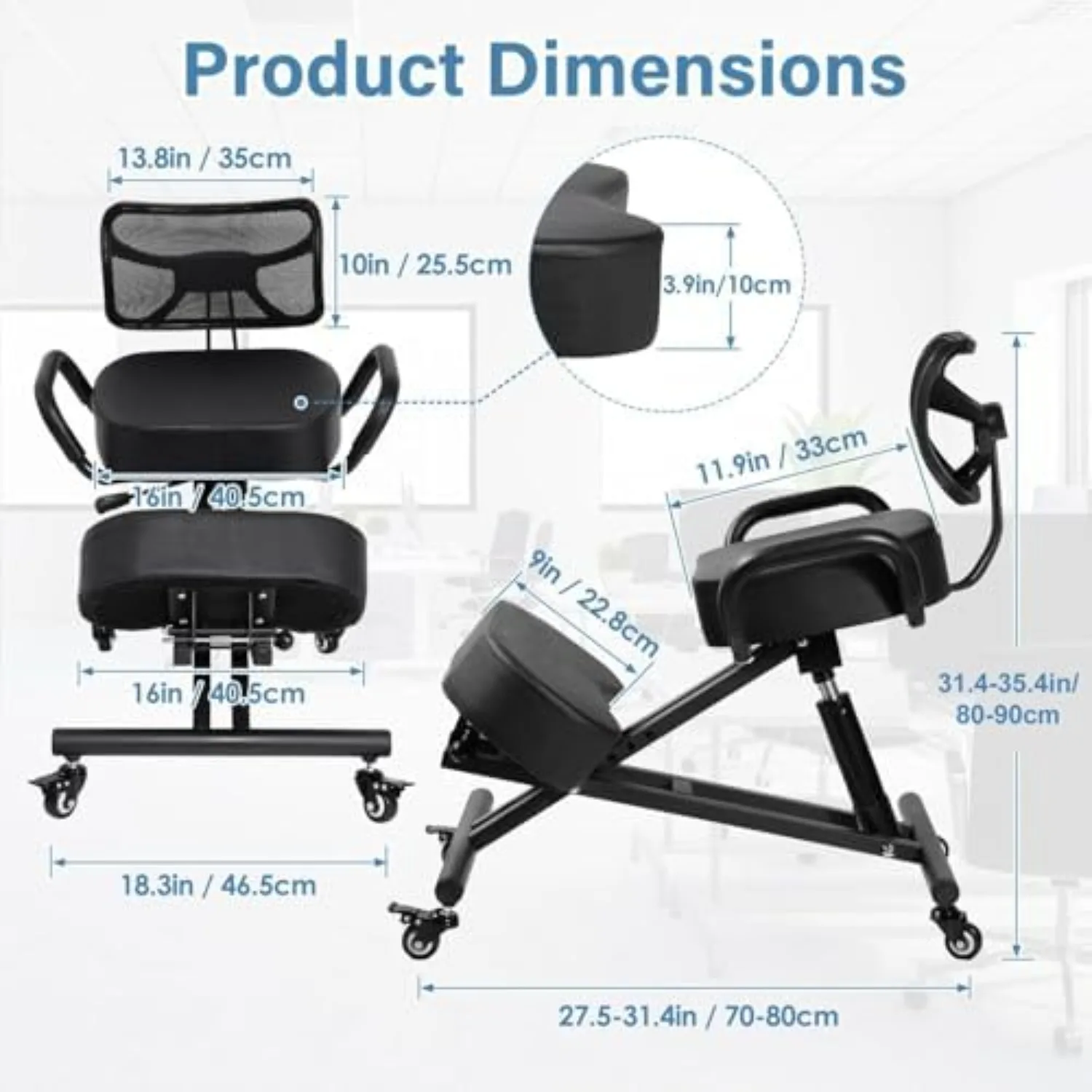 Ergonomic Kneeling Chair Adjustable Back Support Office Posture Stool | Soft memory foam padding & brake casters, home