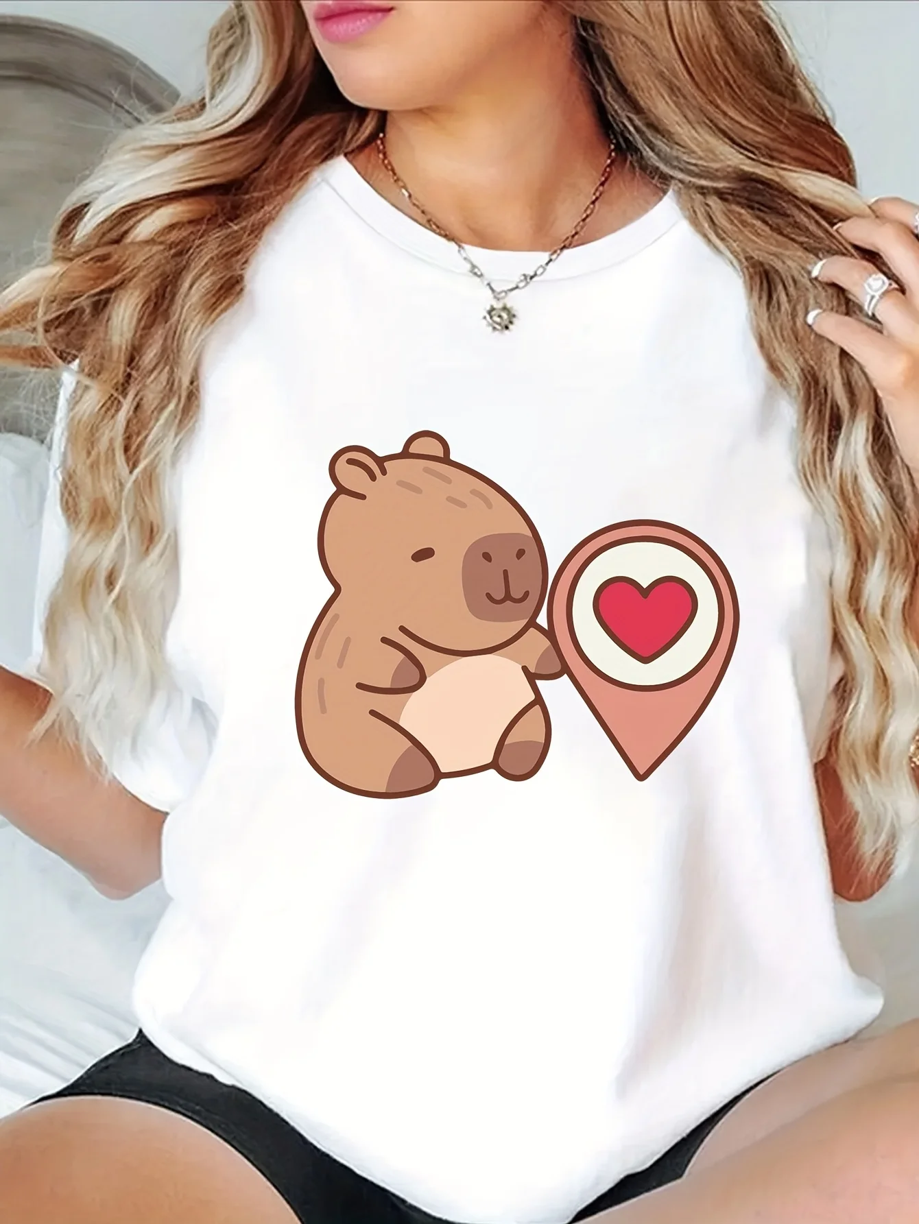 Women's Casual Short Sleeve T-Shirt Cute Koala & Hearts Geometric Print Summer Short Sleeved Harajuku Streetwear Tops Tees