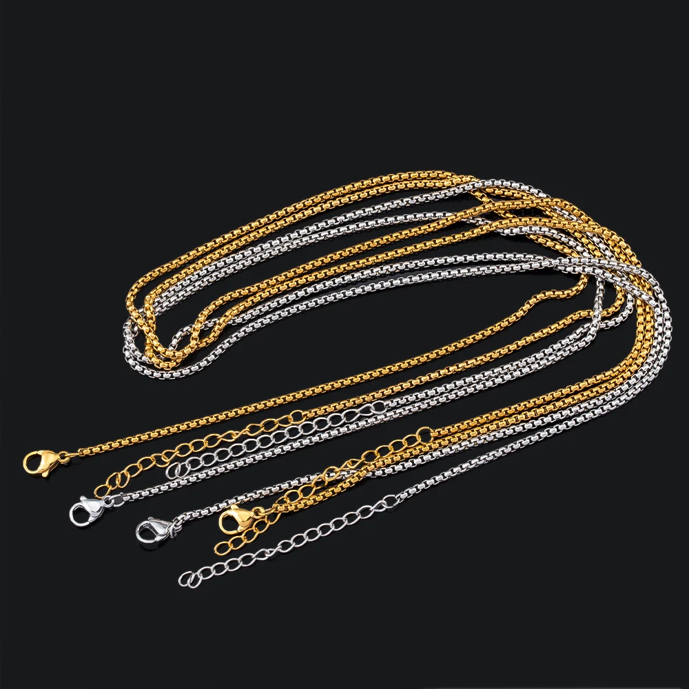 2pcs 46cm Stainless Steels Round Corners Box Chian Necklace Semi-finished Chain Lobster Clasp Beaded Chains DIY Jewelry Findings