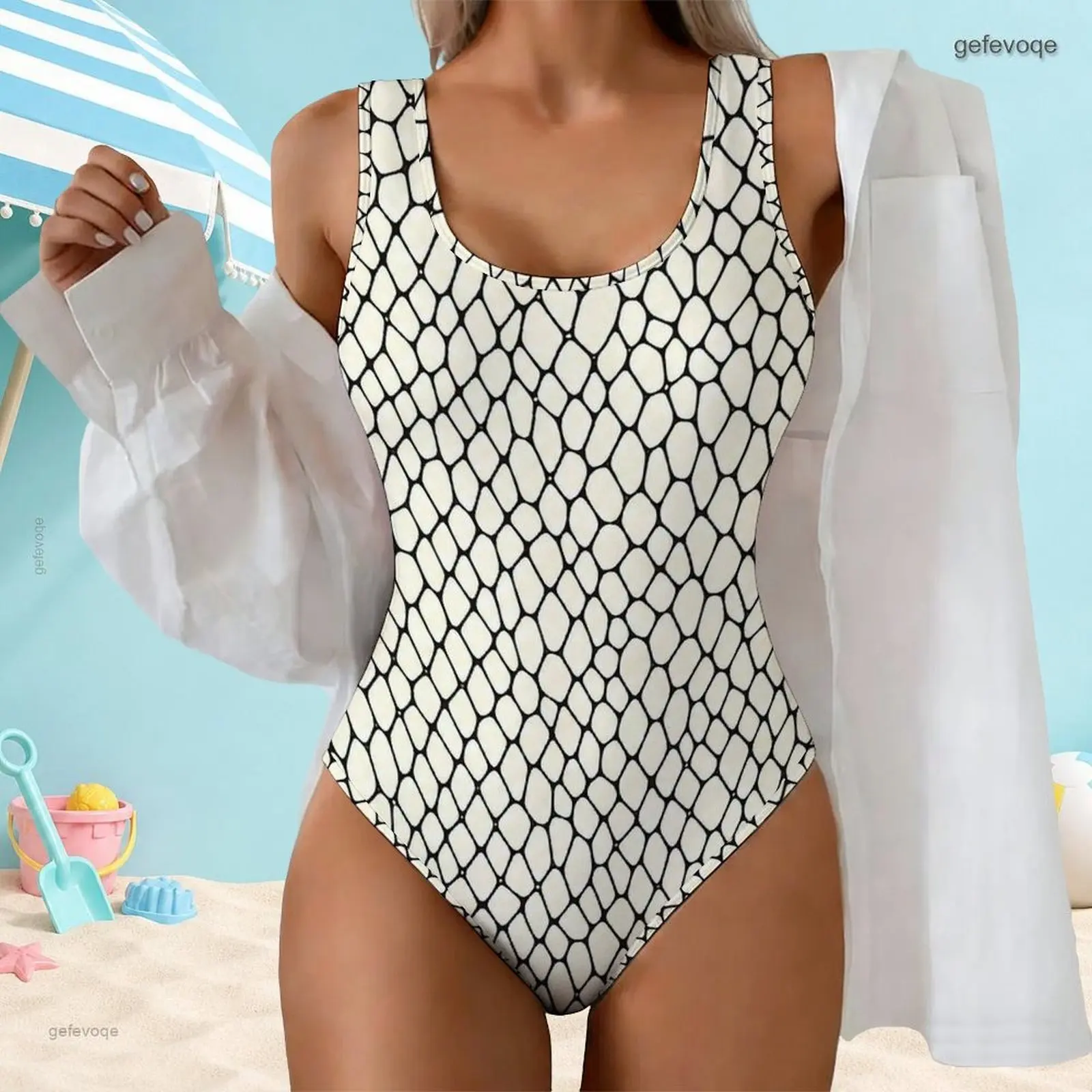 Women Printed Black Irregular Mesh Scoop Neck Sleeveless Wide Strap One Piece High Cut Swimsuit