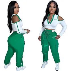 Fall Custom Plain Sweatsuit conjuntos para mujeres Tracksuits Baggy Cargo Jogger pants Women 2 Piece Set Cropped Sweatsuit set