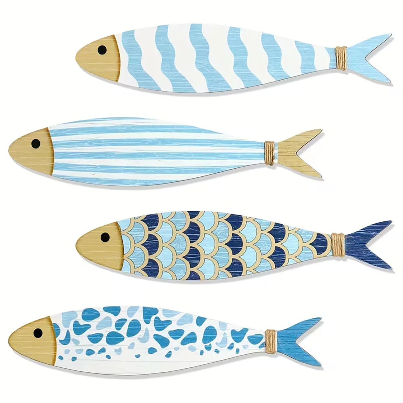 4PCS Coastal Wooden Fish Wall Decor, Blue & White Fish Ornaments with Double-Sided Nano Tape