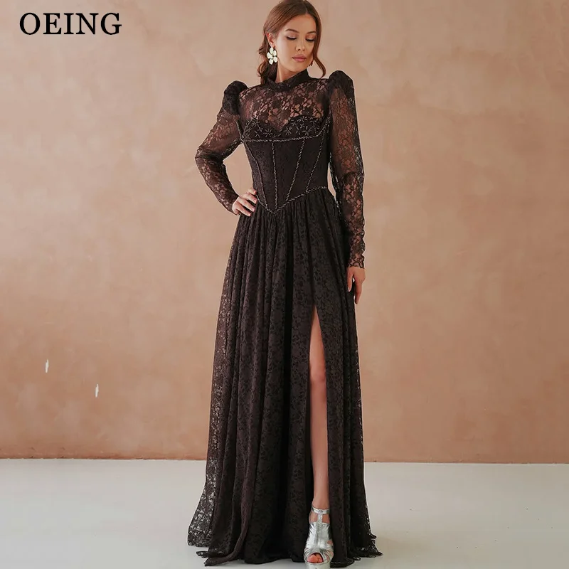 

OEING Elegant A-Line Black Prom Dresses High Neck Illusion Lace Maxi Party Dresses Gala Women robes de soirée Customized