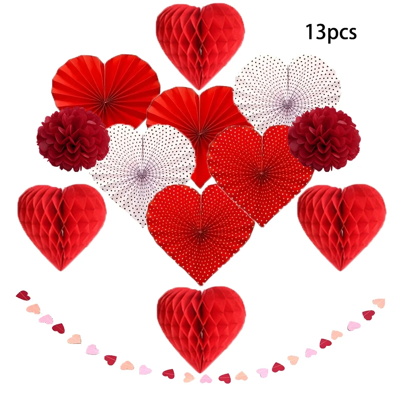 13-teiliges Set herzförmiger Girlandenbanner, herzförmige gepunktete Papierfächerblumen, herzförmige Wabenball-Papierblumen-Set, rotes herzförmiges gepunktetes Papierfächerblumen-Set, roter