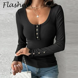 Autumn Casual T Shirts Woman Fashion O Neck Button Knitted Tops Female Long Sleeve Comfortable T-shirt Lady Slim Shirts