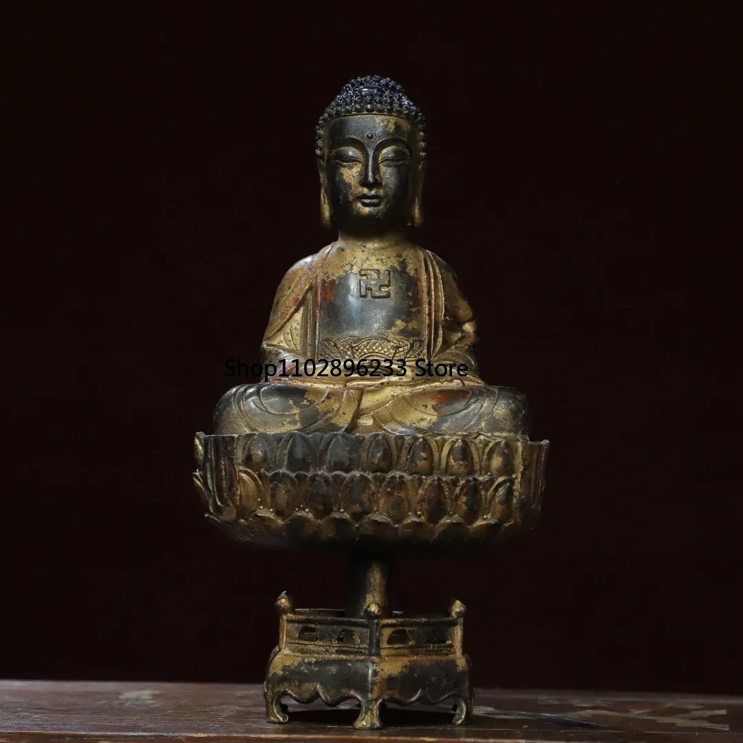 Tibetan brass mud gilt cinnabar painting split Sakyamuni sitting statue antique offering ornament Buddhist hall supplies 23cm