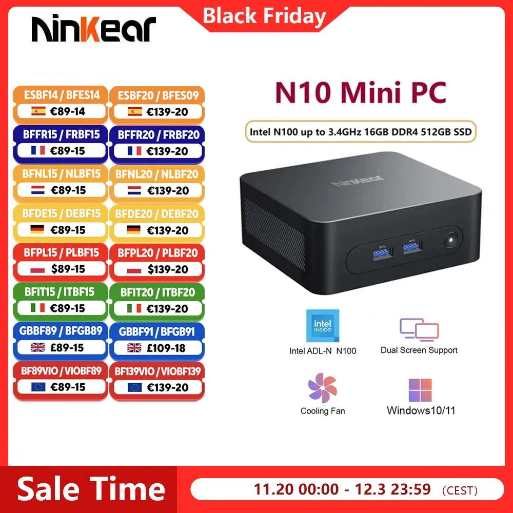 Ninkear N10 Mini PC Computer Intel N100 up to 3.4GHz 16GB DDR4 512GB SSD WIFI HDMI 2.0*2 Support Dual-screen WIindows 11 /Linux