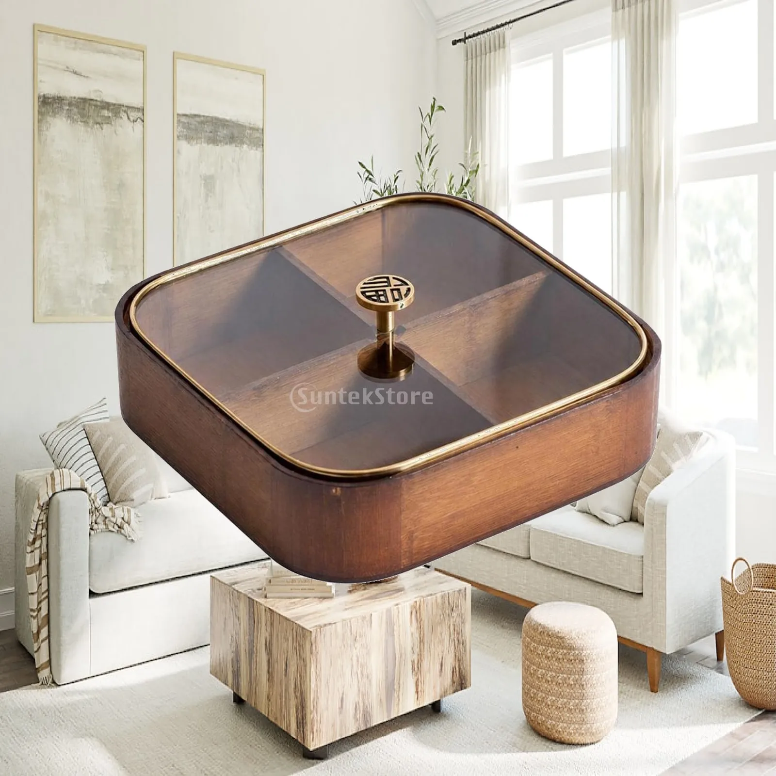 Compartment Box with Lid Wood-Grain Snack Organizer with Glass Lid Snack Organizer Transparent for Hosts, Tea Table, Living Room