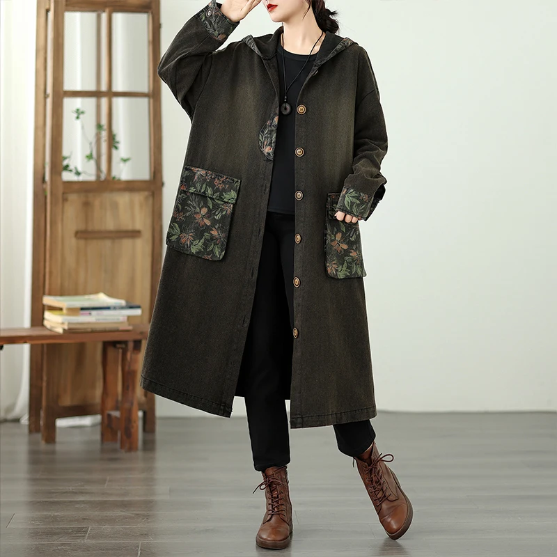 

Пальто из денима свободного кроя с V-образным вырезом на одной пуговице, средней длины, осенняя коллекция, модное, стройнящее, длинное пальто в стиле крэфтсмен.