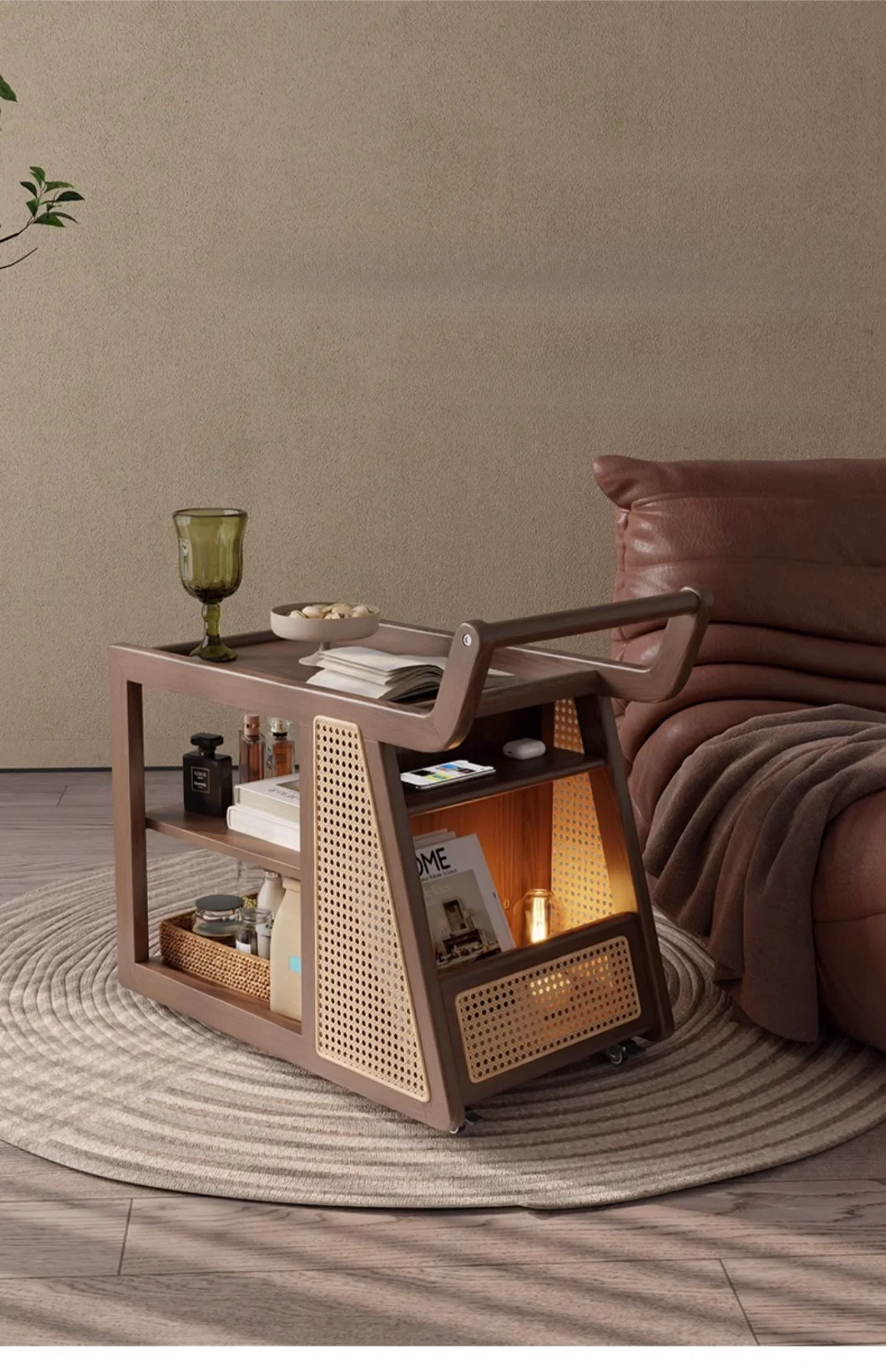 Solid Wood Sofa Side Table Trolley Sofa Side Cabinet Living Room Bus Dining Car Movable Tea Table