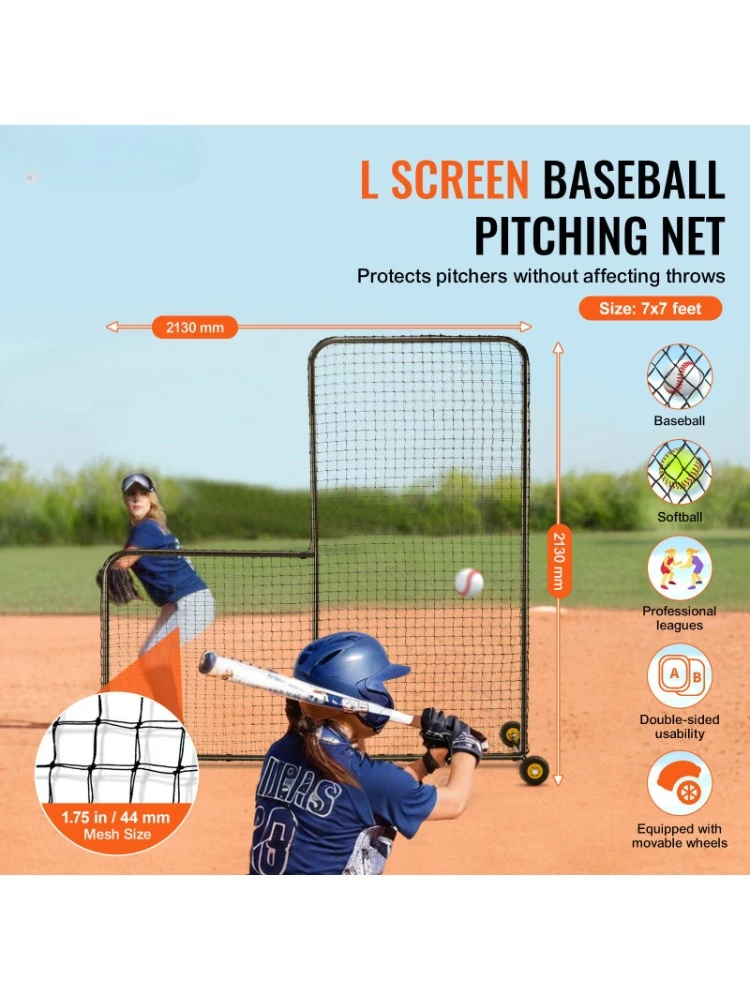 L-Shaped 7x7 ft. Softball Safety Net, Portable Batting Net, Comes with Carrying Bag, Wheels, Stakes, Heavy Duty Pitching Net