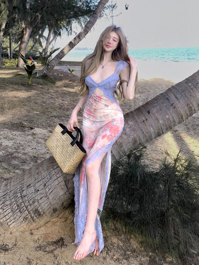 Reddachic feminino sexy corte maxi vestido longo fino voar mangas ponto renda vestido floral romântico dia dos namorados roupas de verão