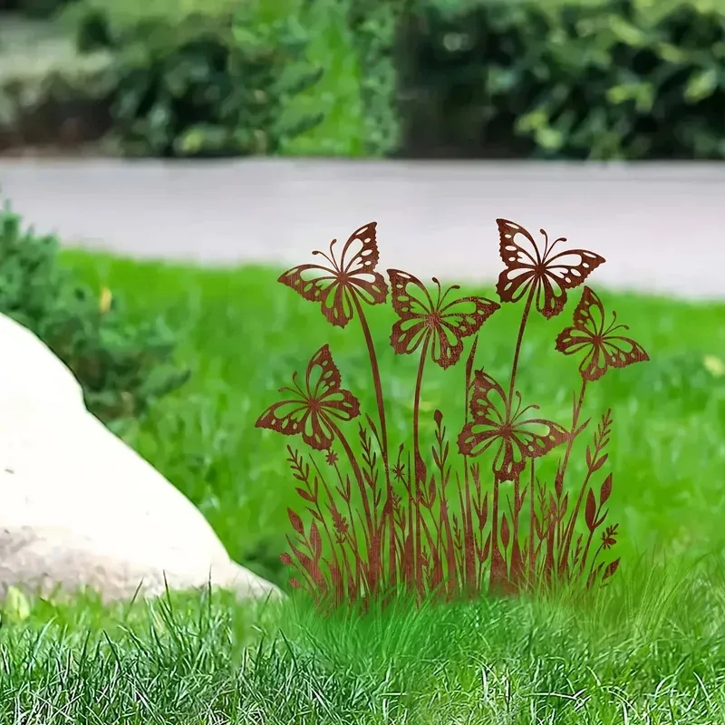 1pc Rustic Metal Butterfly Garden Stake | Classic Rust-Colored Floral Design | Durable Outdoor Decor for Courtyard & Balcony