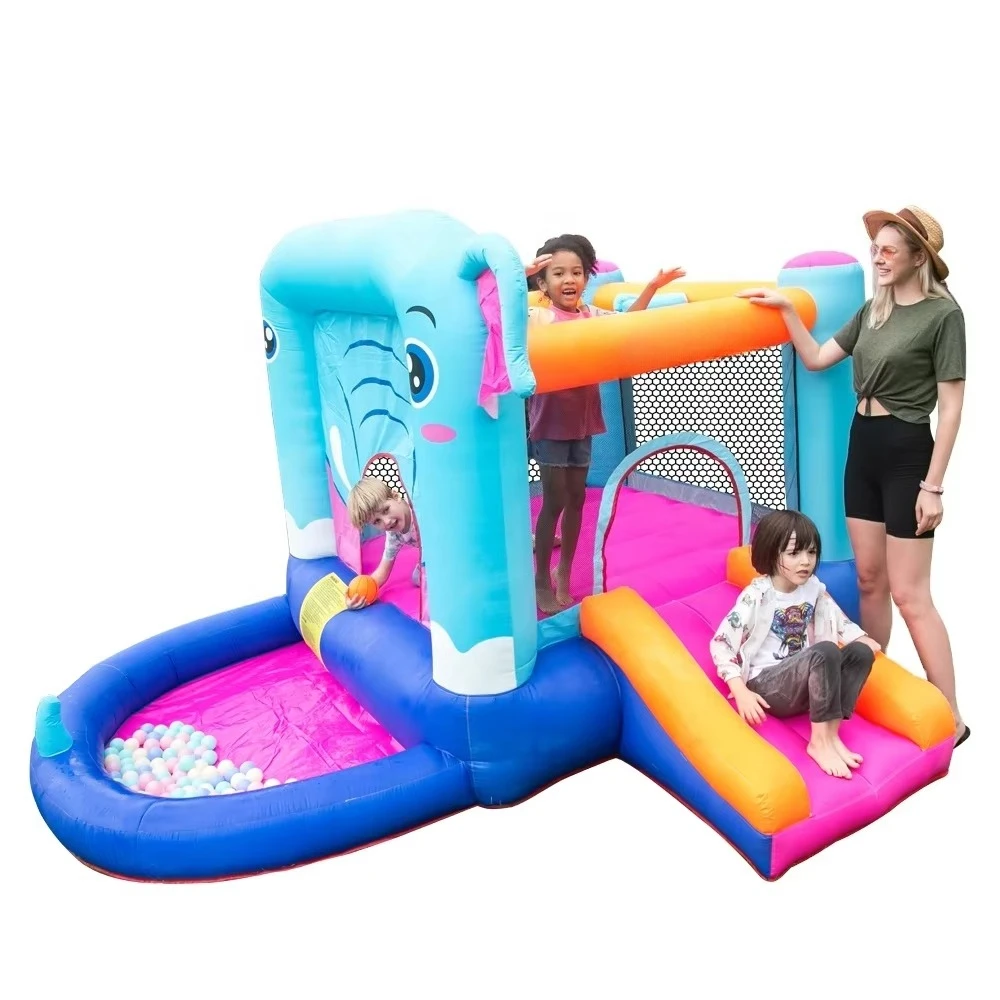 Trampolín inflable estilo animal elefante con piscina de bolas y tobogán, adecuado para fiestas infantiles, uso comercial, castillo hinchable